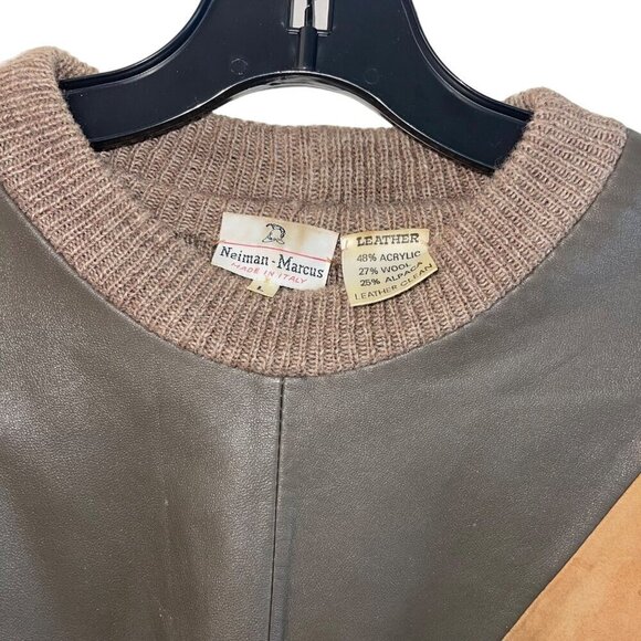 Neiman Marcus Vintage Mens Sweater Size Large Brown Leather Front Knit - Picture 4 of 8